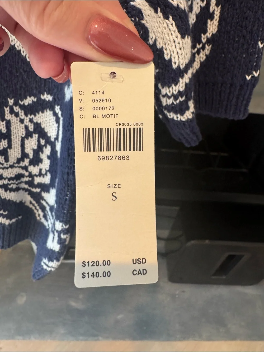Navy and White Floral Knit Short-Sleeve Sweater